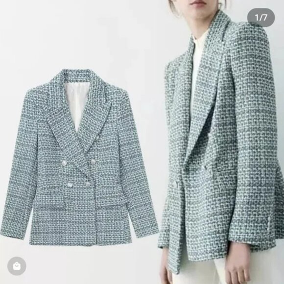 ZARA DOUBLE-BREASTED TEXTURED TWEED BLAZER TEAL GREEN.  SZ S - Picture 1 of 6